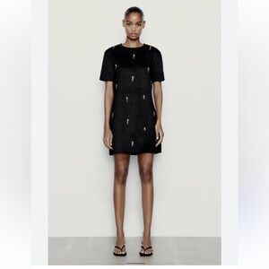 NWT Zara Size Large Women’s  Black Mini Dress with Rhinestone Embellishments